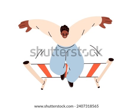 Man jumping over barrier, obstacle. Ambitious male character overcoming hurdle,difficulty, problem, life trouble, challenge. Psychology concept. Flat vector illustration isolated on white background