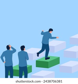 Man jumping over box shows safe path, illustration for leadership.