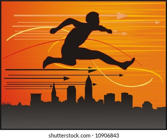 man jumping over a city