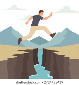 Hombre saltando por un acantilado entre montañas, representando coraje, riesgo, desafío. Ilustración vectorial plana aislada sobre fondo blanco
