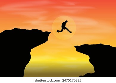 Man jumping over cliff on sunset background vector, Business concept idea. Silhouette, a man jumping on the mountain Courage and Confidence concept vector.