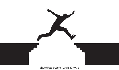 Man jumping over a gap between two cliffs in silhouette