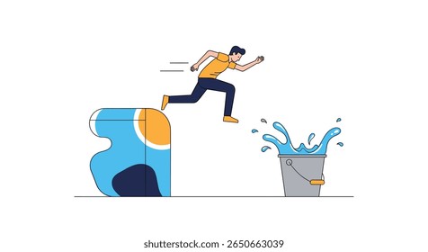 Man jumping over a gap from a block into a bucket of water