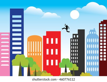 Man jumping over gaps between buildings.vector