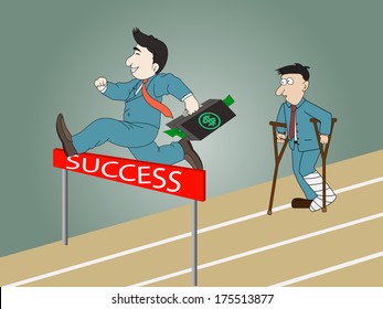 A man jumping over hurdle on a running track on the way to success with briefcase and man standing injured .