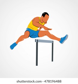 Man Jumping Over Hurdles On A White Background. Vector Illustration.