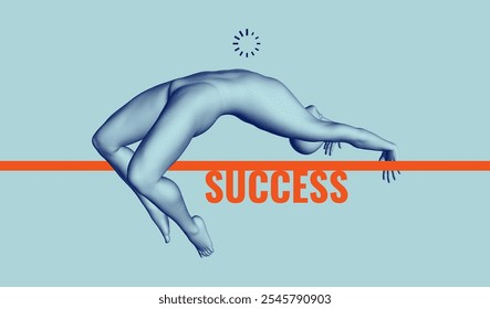 Man jumping over a line with the word "success" written underneath. Concept of overcoming obstacles and achieving success. 3D model of human body. Vector for brochure, poster, presentation, flyer, etc