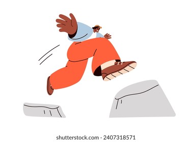 Man jumping over obstacle. Brave character overcoming difficulty, daring to risk. Ambition, danger, courage, way to goal, aim, psychology concept. Flat vector illustration isolated on white background