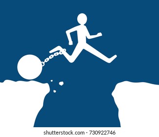 man jumping over obstacle with chain and iron ball, blue background 