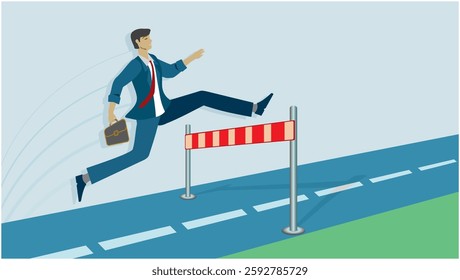 Man jumping over obstacle on the road forward. Dimension 16:9. Vector illustration.