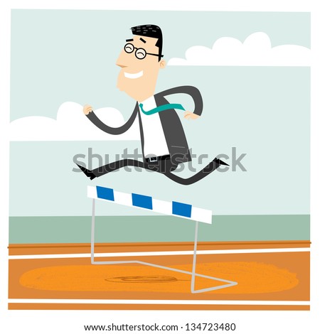 Man jumping over an obstacle on a running track on the way to succes