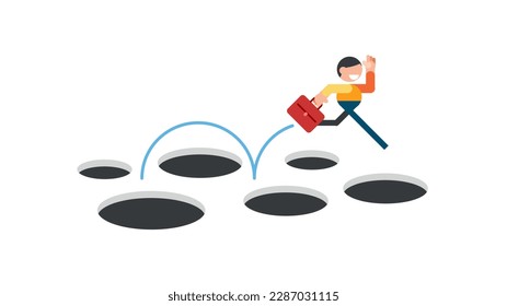 man jumping over pitfalls business success. creativity to solve problem concept.
