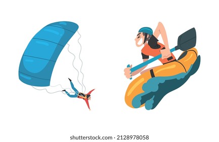 Man Jumping with Parachute and Canoeing Engaged in Extreme Sport Activity Vector Set