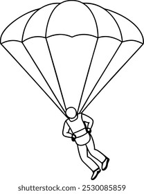 Man jumping with a parachute isolated graphic. Black and white outline vector art illustration. minimalist Skydiver man extreme sport.