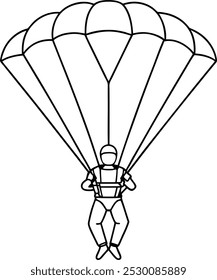 Man jumping with a parachute isolated graphic. Black and white outline vector art illustration. minimalist Skydiver man extreme sport.