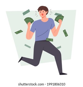 The man is in a jumping pose with money in his hand. Business revenue concept vector illustration.