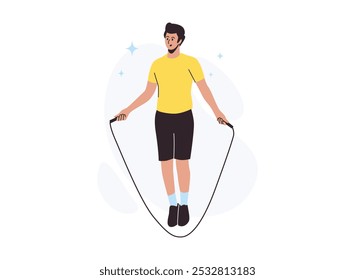 Man jumping rope, mid-air, in yellow shirt and black shorts, highlighting cardio workout.