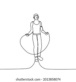 hombre que salta la cuerda - un vector de dibujo de una línea. hombre en ropa deportiva, en su hombro una aplicación de seguimiento de fitness para correr. concepto de entrenamiento cardiovascular.