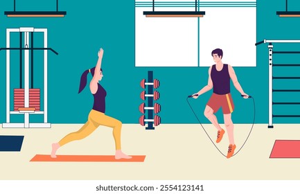 Man jumping rope and woman practicing yoga in gym filled with dumbbells and fitness equipment. Healthy lifestyle, personal training fitness and exercise concept. Flat vector illustration.