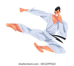 Man Jumping Side Kick, Male Karate Fighter Character in White Kimono Practicing Traditional Japan Martial Art Cartoon Style Vector Illustration