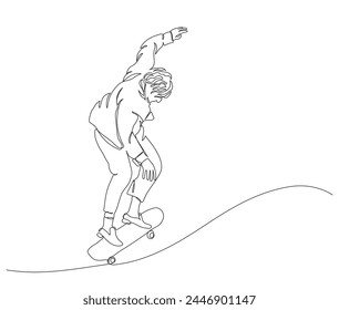 Man jumping with skateboard. Continuous line drawing. Black and white vector illustration in line art style.