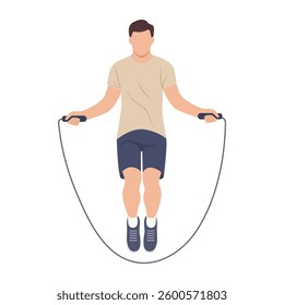 Man jumping with skipping rope. Athlete during cardio workout, endurance training. Flat vector illustration isolated on white background