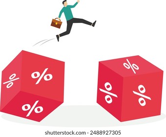 Man jumping from small to the big cube block with percentage symbol icon. Interest, financial and mortgage rates. Vector illustration.

