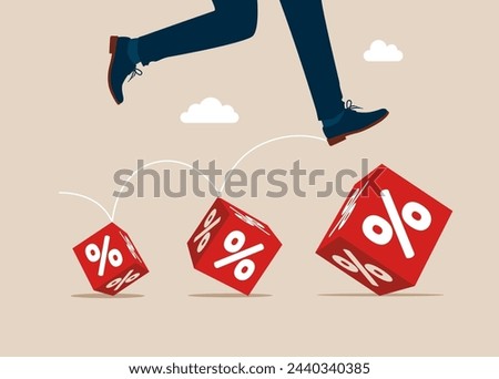 Man jumping from small to the big cube block with percentage symbol icon. Interest, financial and mortgage rates. Vector illustration.