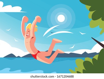 man jumping to the swimming pool with background landscape vector illustration design