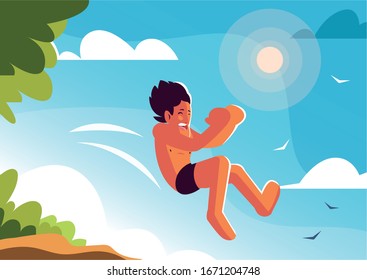 man jumping to the swimming pool with background landscape vector illustration design