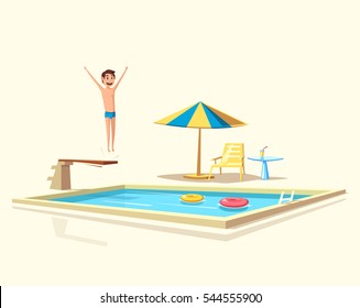 Man jumping. Swimming pool with a diving board. Cartoon Vector illustration. Sport and recreation. Preparing to jump and dive. Vintage style 