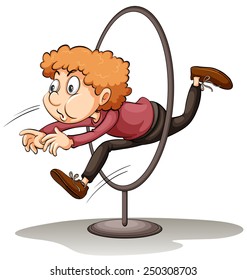 A man jumping through a hoop on a white background