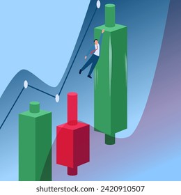 Man jumping trying to grab high rising candlestick, metaphor for positive breakout stock. Simple flat conceptual illustration.