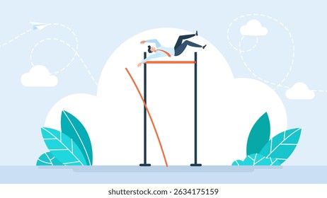 Man jumping use pole vault over target metaphor of exceeding the target. Business goal achievement, success solving business problem or succeed survive on financial crisis concept. Vector illustration
