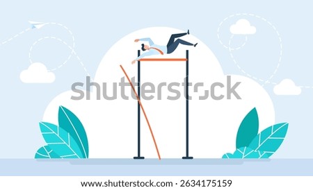 Man jumping use pole vault over target metaphor of exceeding the target. Business goal achievement, success solving business problem or succeed survive on financial crisis concept. Vector illustration