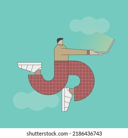 Hombre saltando usando una laptop. Ilustración vectorial aislada.