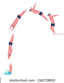 Hombre saltando en el agua en varias fases. Ilustración de diseño plano.
