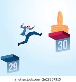 A man jumps from the 29th to the 30th on the calendar and gets a coin. A metaphorical illustration for payday, work payment and the end of the month.
