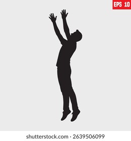 man jumps in the air with his hands up as if he trying to catch, Businessman catching something