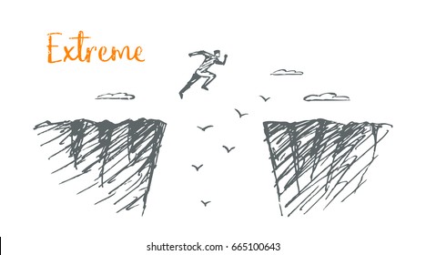 A man jumps from cliff to rock  Vector concept illustration  Flat hand drawn sketch  Lettering extreme 