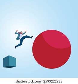 A man jumps from a cube to a big red ball. Illustration of transformation, innovation and change for the better.