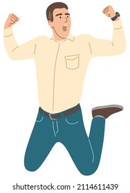The man jumps with happiness.