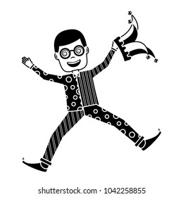 man jumps happy with silly glasses and jester hat