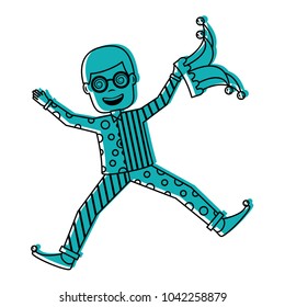 man jumps happy with silly glasses and jester hat