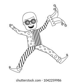 man jumps happy with silly glasses and jester hat