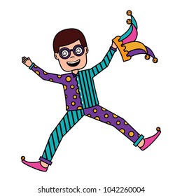 man jumps happy with silly glasses and jester hat