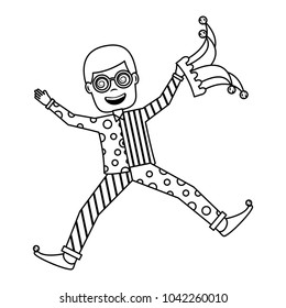 man jumps happy with silly glasses and jester hat