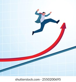 A man jumps high as the arrow graph goes up. Illustration of exponential growth, rapid growth and drastic development.