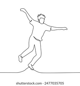 man jumps to his full height, he is joyful and happy - one line art vector. concept of delight, skipping, tripping, sprung, lope. Handmade vector not AI