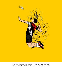 man jumps to hit a hard badminton smash vector illustration